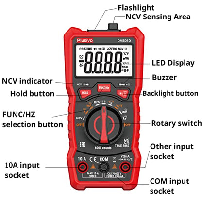 Multimeter 6000 Counts Digital Multimeter Auto Ranging TRMS AC DC Voltmeter Ohm Volt Amp NCV Diode Tester; Measures Voltage Current Resistance Temperature Frequency Buzzer with Test Leads, Probes