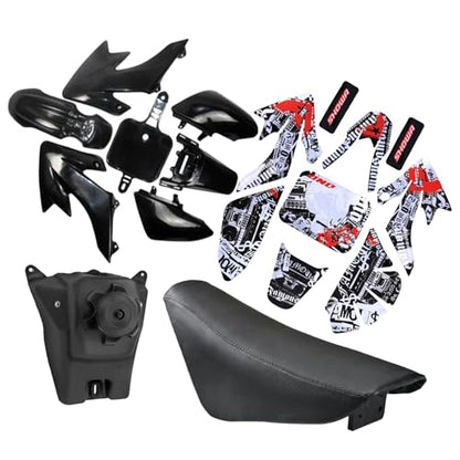 ABS Plastics Fender Fairing Body Work Kit with Graphics Decals & Seat and Gas Fuel Tank for CRF50F XR50R CRF XR 50 SSR Chinese SSR 110cc 125cc Dirt Pit Bike (Black) - color: Black