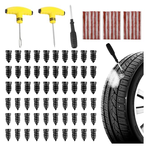 Flat Tire Repair Kit Heavy Duty,All-in-One Tire Plug Kit Includes 60PCS Screw,15PCS Tires Plugs Seal Strip,Screwdriver,Drill,Screw in Tires Plugs Car Emergency Kits for Puncture