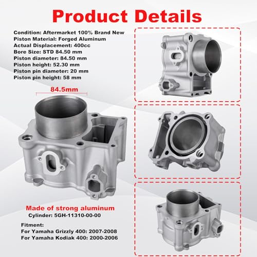 84.5MM Cylinder Piston Gasket Top End Kit Set Compatible with Yamaha Kodiak 400 Grizzly 400 Big Bear 400 YFM400