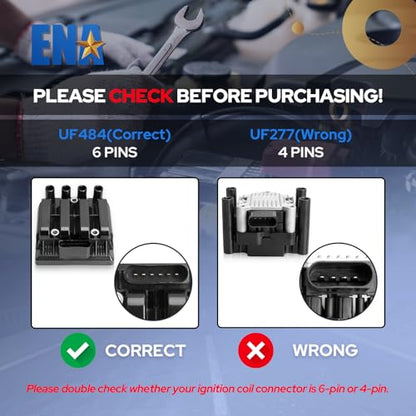 ENA UF484 Ignition Coil Pack with Spark Plug Wire Set 27588 Compatible with Volkswagen 2001-2009 Beetle, 2001-2007 Golf, 2007-2010 Golf City, 2006 GTI, 2001-2010 Jetta, 2007-2009 Jetta City 2.0L L4
