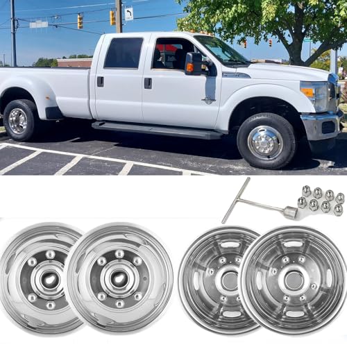 4pcs 17 Anti Rust Wheel Simulators Fit for 2005-2025 Ford F-350 F350, 8 Lug Waterproof Replacements Bolt On Polished Stainless Steel Dually Hubcaps Wheel Covers with Installation Tool Kit - size: 17"#6