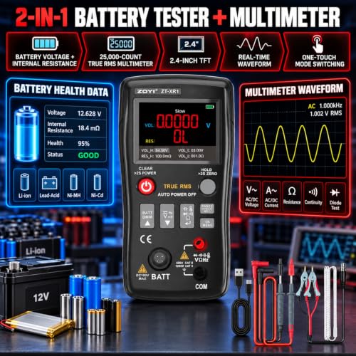 ZOYI ZT-XR1 2-in-1 Digital Multimeter & Battery Internal Resistance Tester, 25000 Counts Auto-Range True RMS, 0 to ±100V 4-Wire Kelvin Sensing for Automotive&Battery Test, Electronic Equipment Repair