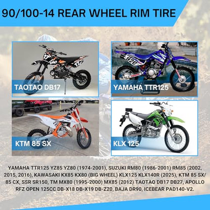 14" Rear Wheel Rim Tire Assembly For Dirt Pit Bike Trail 90/100-14 Rear Wheel Rim Tire Fits 125/140/150/160cc Pit Dirt Bike KLX65 Apollo Kayo TT 125 140 Brake Rotor, Sprocket (14 with Components) - size: 14 with Components