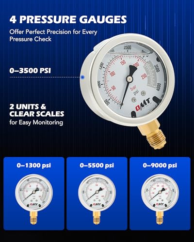 OMT Hydraulic Pressure Test Kit with 4 Gauges Up to 9000 PSI, 9 Couplings - size: 1300 3500 5500 9000 Psi