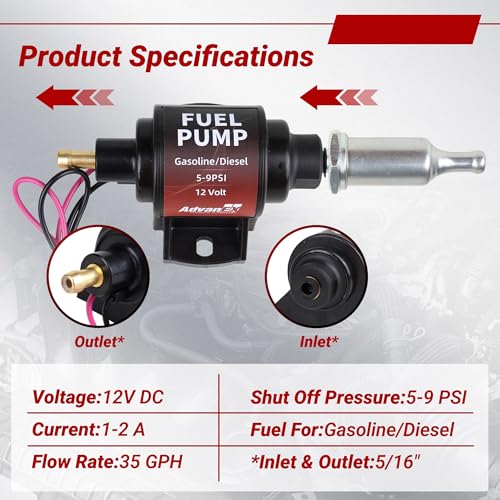 Universal Electric Fuel Pump 12V, 35 GPH, 1-2 A, 5-9 PSI with 1 Piece of 6.56-foot (2-meter) Fuel Hose & Fuel Filter for Gasoline and Diesel Engines
