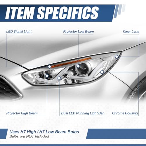 Auto Dynasty LED DRL Headlights Assembly Compatible with 2015-2018 Ford Focus, Driver Passenger Side Dual DRL Halogen Headlamps Replacement w/Projector Low Beam, Chrome Housing Amber Corner - color: Chrome / Amber