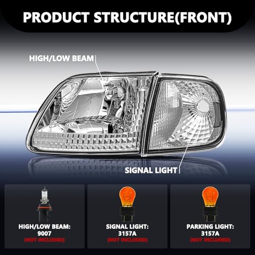Aosky Halogen Headlights Assembly for 1997-03 Ford F150 Expedition - color: Chrome / Clear, style: w/o Bulbs