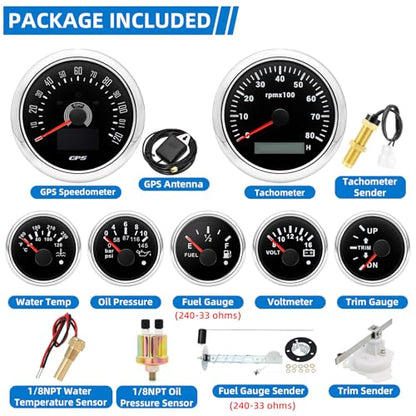MH 7 Boat Gauge Set - 3-3/8" GPS Speedometer, Tachometer, 2-1/16" Oil Pressure Gauge,Fuel Level,Water Temperature,Voltmeter,Trim Marine Meter Kit Waterproof 7 Color for AUTO (Black and Silver) - color: Black and Silver