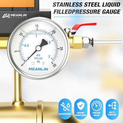 MEANLIN MEASURE 0~30Psi Stainless Steel 1/4" NPT 2.5" FACE DIAL Liquid Filled Pressure Gauge WOG Water Oil Air Center Back Mount, with 1/2" NPT and 3/8" NPT Hex Bushing - size: 0-30Psi
