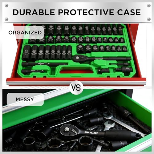 SWANLAKE 3/8'' Drive Impact Socket Set, 50-Piece Standard SAE (5/16 to 3/4 inch) and Metric (8-22mm) Size, 6 Point, Cr-V, 3/8-Inch Ratchet Handle, Extension Bar, Universal Joint - style: 3/8'' 50PCS