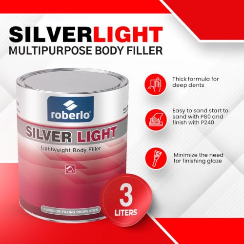 Roberlo Silver Light Multipurpose Body Filler - Superior Filling Properties, Easy Sanding, Great Adhesion to All Metal, Tack & Stain Free, Saves Time & Labor, Ideal for Heavy Fill Jobs, Smooth Texture - size: 3 Liter (Pack of 1)