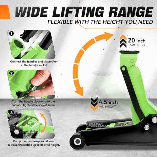 Auto Dynasty 4Ton Low Profile Floor Jack, Heavy Duty w/Dual Pistons, Green - color: Green, size: 4T Dual Pump