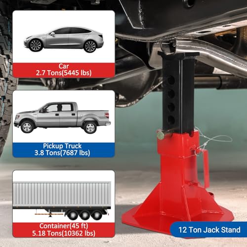 Car Jack Stands 12 Ton (24,000 lb) Capacity for Vehicle Lifting, Self-Locking Ratchet Heavy Duty Steel, Adjustable Height Lift 11–18 in, Large Saddle for Truck, SUV and Garage Use, 1 Pair