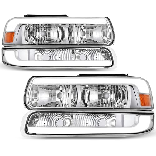 AUTOSAVER88 LED DRL Headlights Compatible with 1999-2002 Silverado Chrome - color: Amber Clear