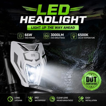 DOT Dirt Bike LED Headlight with Graphics Sticker and Turn Signals-White - color: White with Sticker, size: With Turn Signals
