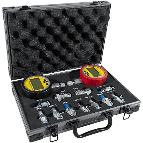 70M Digital Hydraulic Pressure Test Coupling Kit Hydraulic Pressure Gauge Kit for Excavator Construction Machinery 2 Gauges 2 Test Hoses 11 Couplings 700BAR/10000PSI/70Mpa - style: 2 Gauges 11 Test Couplings