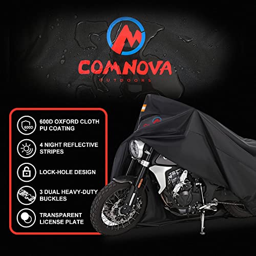 Comnova Motorcycle Cover 91 Inch - 600D Outdoor Moped Cover with Lock Hole Universal Fit, Heavy Duty & Waterproof Motor Cycle Protection for Harley, Honda, Kawasaki, Fit Up to 91" Motorcycles - color: Premium - Black, size: 91 Inch