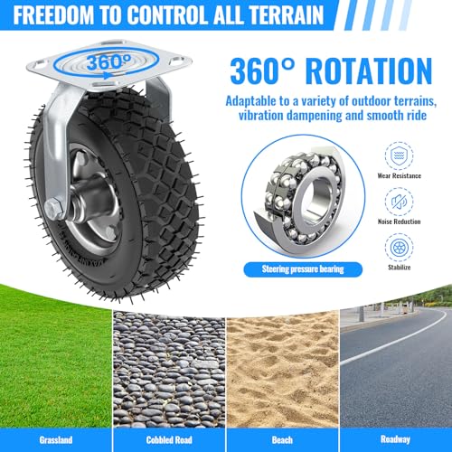 8 Inch Pneumatic Caster Wheels Set of 4 (2 Swivel/2 Rigid),Heavy Duty Casters,Tolerable 880 LBS,Rubber Knobby Tread for Workbench, Cart, Trolley,Wagon and Shelves - size: 8 inch