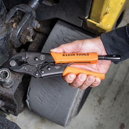 Klein Tools 38602 Curved Jaw Locking Pliers with Quick Release Handles, Intuitive Thumb Knob, High Torque and Gripping Power, 10-Inch - size: 10-Inch