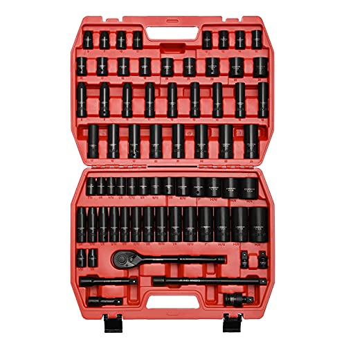 CASOMAN 1/2-inch 70 Pieces Impact Socket Master Set, SAE & Metric from 5/16"-1-1/4",8-24mm, Shallow/Deep Socket with Ratched Hand, Extension Bar and Adapters - size: 1/2"