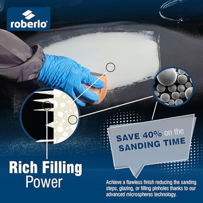 Roberlo Maxilight Superior Lightweight Auto Body Filler - Easy Application, Super Smooth Self-Leveling Formula, Creamy Texture, Ideal for Large Area Repairs, Dents, Dings, Holes, Scratches & Rust Quart
