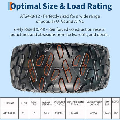 GarveeTech Set of 2 ATV UTV All-Terrain Tires 24x8-12, 6PR Tubeless Heavy Duty Off-Road Tires for Mud & Sand, Durable Off-Road Performance & High Load Capacity - size: AT24X8-12, style: Pattern 110