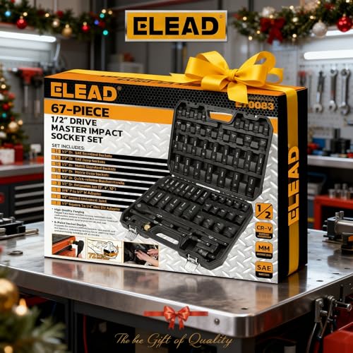 ELEAD 67 Piece 1/2" Drive Deep Impact Socket Set: Standard SAE (3/8"-1-1/4") & Metric (8-24 mm), Including 3 ", 5", 10" Extension Bar, Universal Joint, Ratchet Handle and Adapter - color: 67pcs 1/2'' Drive Impact Socket Set Black