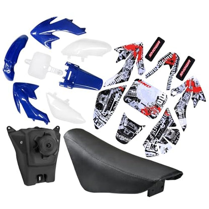 ABS Plastics Fender Fairing Body Work Kit with Graphics Decals & Seat and Gas Fuel Tank for CRF50F XR50R CRF XR 50 SSR Chinese SSR 110cc 125cc Dirt Pit Bike (Blue) - color: Blue