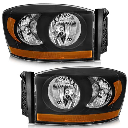 WEELMOTO Black Headlights with Amber Bottom for 2006-2008 Ram 1500-3500 - color: Clear Lens I Black housing I Amber Reflector