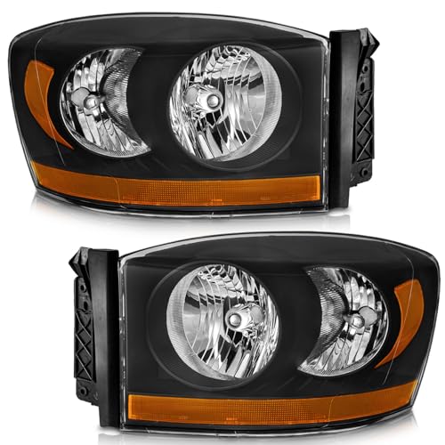 WEELMOTO Black Headlights with Amber Bottom for 2006-2008 Ram 1500-3500 - color: Clear Lens I Black housing I Amber Reflector