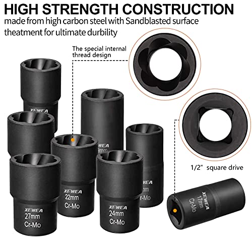 XEWEA 9PCS Lug Nut Extractor Set, 1/2" Drive Impact Bolt Nut Socket Remover - color: 9pcs 1/2" Drive