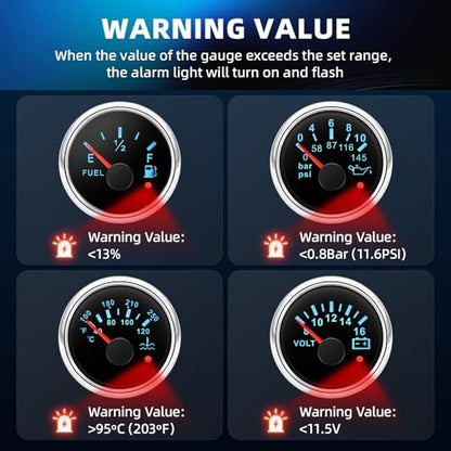 MH 7 Boat Gauge Set - 3-3/8" GPS Speedometer, Tachometer, 2-1/16" Oil Pressure Gauge,Fuel Level,Water Temperature,Voltmeter,Trim Marine Meter Kit Waterproof 7 Color for AUTO (Black and Silver) - color: Black and Silver