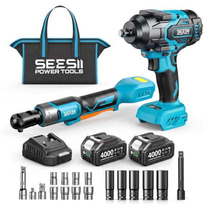Seesii 1/2" Impact Wrench & 3/8" Ratchet Combo Kit for Auto Repair