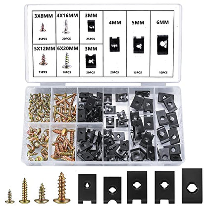 180 Pcs Automotive Screws and Car U Clips Assortment Kit, Including 90 Pcs Cross Head Mounting Screws, 90 Pcs Automotive U-Style Screw Clip-On Nuts, for Car Door Body Panel Clip Fasteners