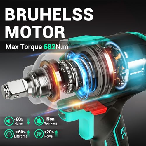 DCA Cordless Impact Wrench 1/2 INCH, Max 503Ft-lbs/682N.m Brushless Impact Gun, High Torque Electric Impact Driver with Hog Ring, 4 Modes with Smart Loosen Function, 2 * 4.0Ah Battery