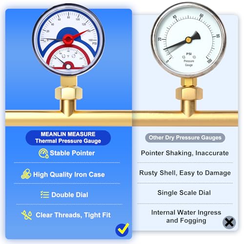 MEANLIN MEASURE 0-160Psi Thermal Pressure Gauge,0-250℉ 1/4" NPT 2.5" FACE DIAL, Boiler Temperature Pressure Gauge with Reset Pointer, with 1/2" NPT and 3/8" NPT Hex Bushing, Lower Mount - size: Lower Mount, style: Dry