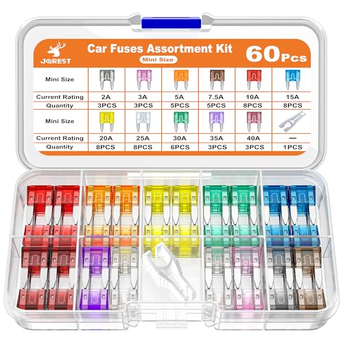 JOREST 60Pcs Car Fuse Kit - Replacement Fuses Assortment Kit for Car/RV/Truck/Motorcycle(2Amp 3A 5A 7.5A 10A 15A 20A 25A 30A 35A 40A) - Mini Blade Fuses Automotive + Auto Fuse Puller - style: 60pcs mini