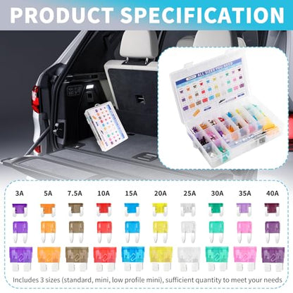 203PCS Car Fuses Assortment Kit with Car Fuse Tester & Puller,Cars Fuse Kit with Standard/Mini/Low Profile Mini,Fuses Automotive Kits (3A 5A 7.5A 10A 15A 20A 25A 30A 35A 40A)