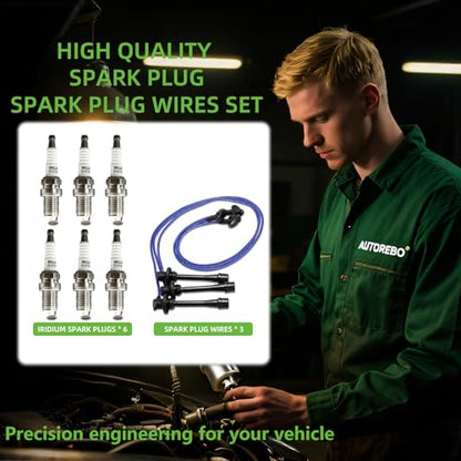 Set of 3 PCS Ignition Spark Plug Wires 19037-62050 4412 RC-TE66 & 6 Iridium Spark Plugs Set Compatible with Toyota 4Runner T100 Tundra Tacoma 1995-2004 V6 3.4L # replace 55916 936R 19037-62050 - size: 4412