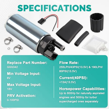 Electric Fuel Pump GSS342 255LPH High Flow High Pressure Universal