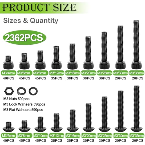 mxuteuk 2362PCS M3 Screws kit,M3x4/6/8/10/12/16/20/25/30/35mm M3 Screws Nuts Washers Assortment,M3 Hex Socket Button & Cap Head Screws,12.9 & 10.9 Grade Alloy Steel M3 Bolts with 2 Hex Wrench - size: 2362PCS M3