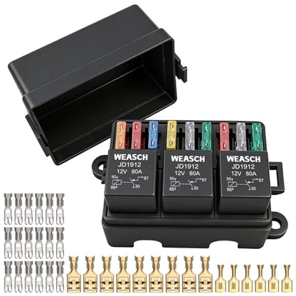 12V 9 Way Fuse Relay Box, 3x4-Pin 80Amp Relays and 9 ATC/ATO Blade Fuse Slots, for Cars Truck Marine Boat Jeep - size: 80A 3 Relay 9 Fuses, style: Box