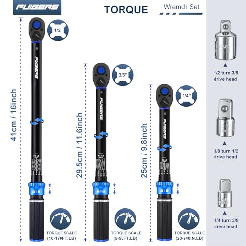Torque Wrench Set 1/2 3/8 1/4 inch Drive Click, 3Pcs Torque Wrenches 10-170 FT.LB,5-50FT.LB,20-240IN.LB, Inch pound Torque Wrench with 3 Pcs Adapter for Bike,Car, Truck,Tractor - size: 1/4" & 3/8" & 1/2" 1.67-20/5-50/10-170 FT.LB