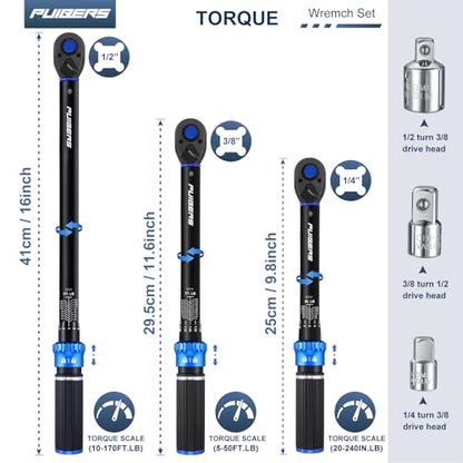 Torque Wrench Set 1/2 3/8 1/4 inch Drive Click, 3Pcs Torque Wrenches 10-170 FT.LB,5-50FT.LB,20-240IN.LB, Inch pound Torque Wrench with 3 Pcs Adapter for Bike,Car, Truck,Tractor - size: 1/4" & 3/8" & 1/2" 1.67-20/5-50/10-170 FT.LB