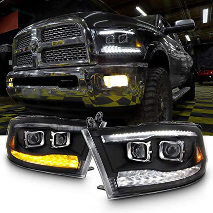 AKKON - For 09-18 Dodge Ram 1500 2500 3500 Upgrade Projector & Bar LED Black Housing Headlights With Light Bulbs Set - color: Dual Projector Black Housing