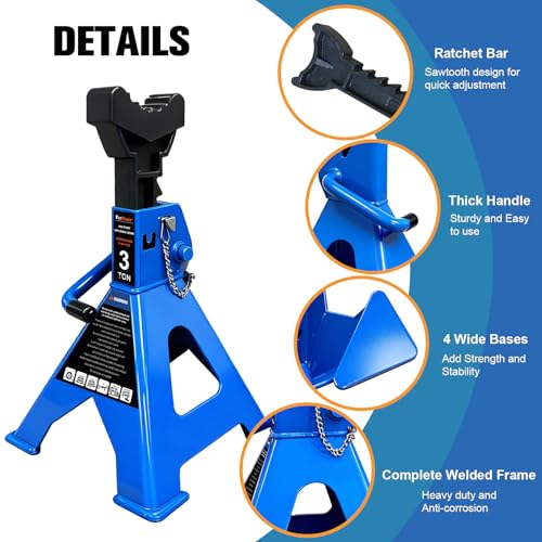 3 Ton Jack Stands Heavy Duty 6,600 LBs, Car Jack Stand for Trucks with Double Pin Locking & Extra Rubber Pads, 11.3"-16.5" Adjustable for Garage, Home,DIY Vehicle Lifting, 1 Pair Blue