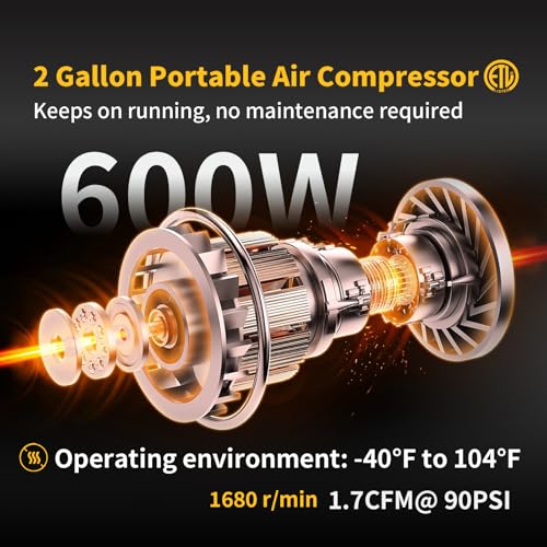 2 Gallon Portable Air Compressor 0.75HP 1.7 CFM@90PSI 60dB Ultra Quiet Oil Free Air Compressor for Tire Inflation Pneumatic Tool Spray Painting