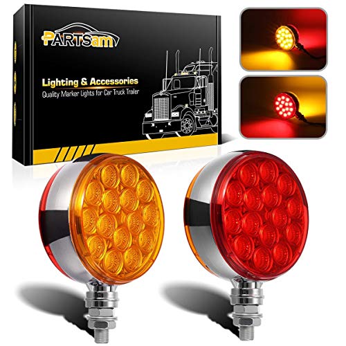 Partsam 2pc 3" Round Double Face Red/Amber 30 LED Pedestal Fender Lights Turn Signal Chrome Miro-reflex Sealed Replacement for Peterbilt/Freightliner/Western Star Trucks Semi Trailers, 10-30V