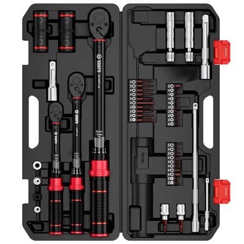 VANPO Torque Wrench Set, 1/4", 3/8", 1/2" Drive, 47-Piece, Click Type - size: 1.67-20 ft-lb, 5-45 ft-lb, 10-170 ft-lb
